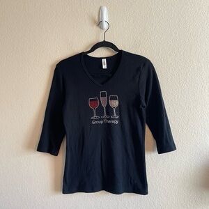 Y2K Chris's Stuff Rhinestone Wine Group Therapy Black V Neck Womens Size Small